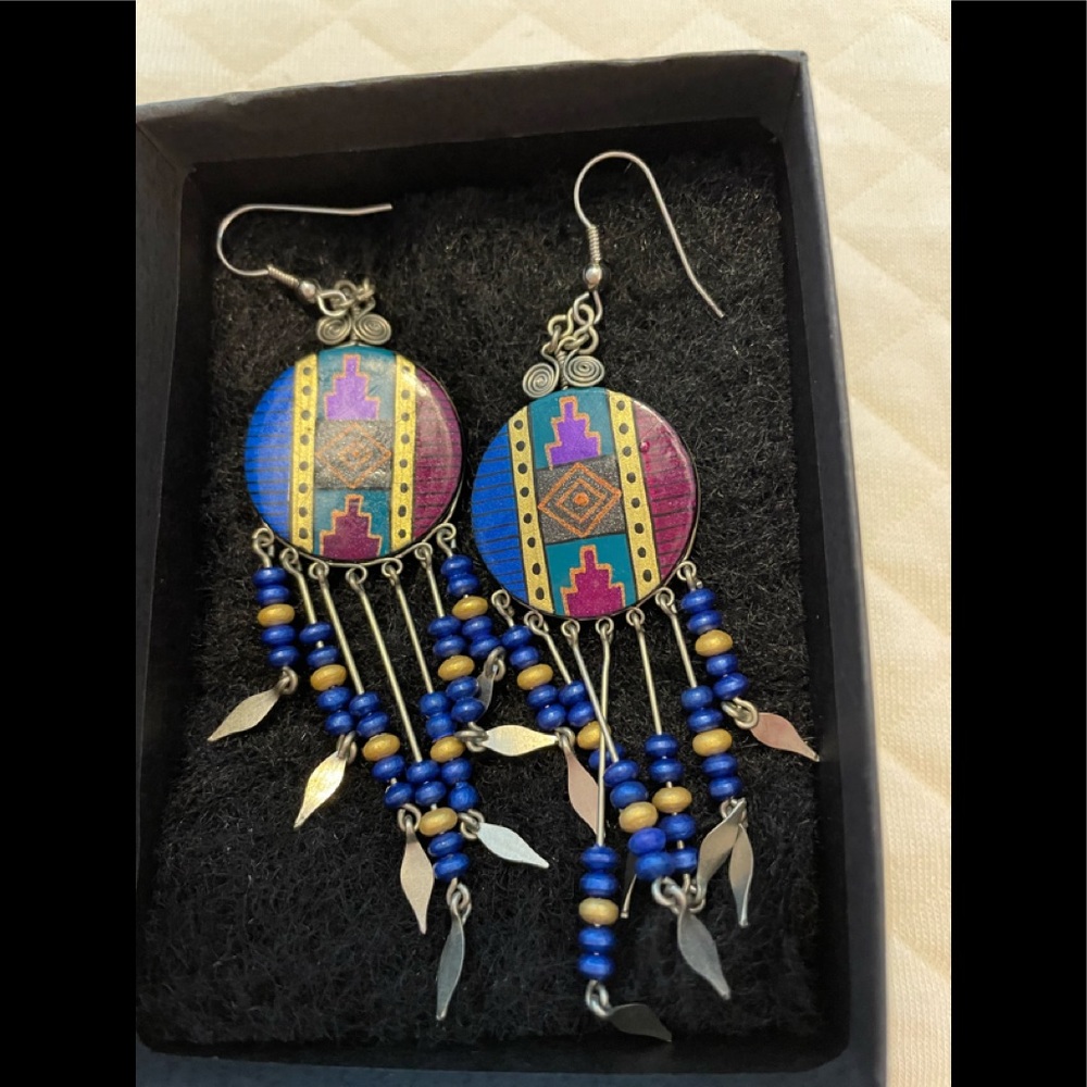 Artisan pierced ear rings. Hand painted, beads, silver